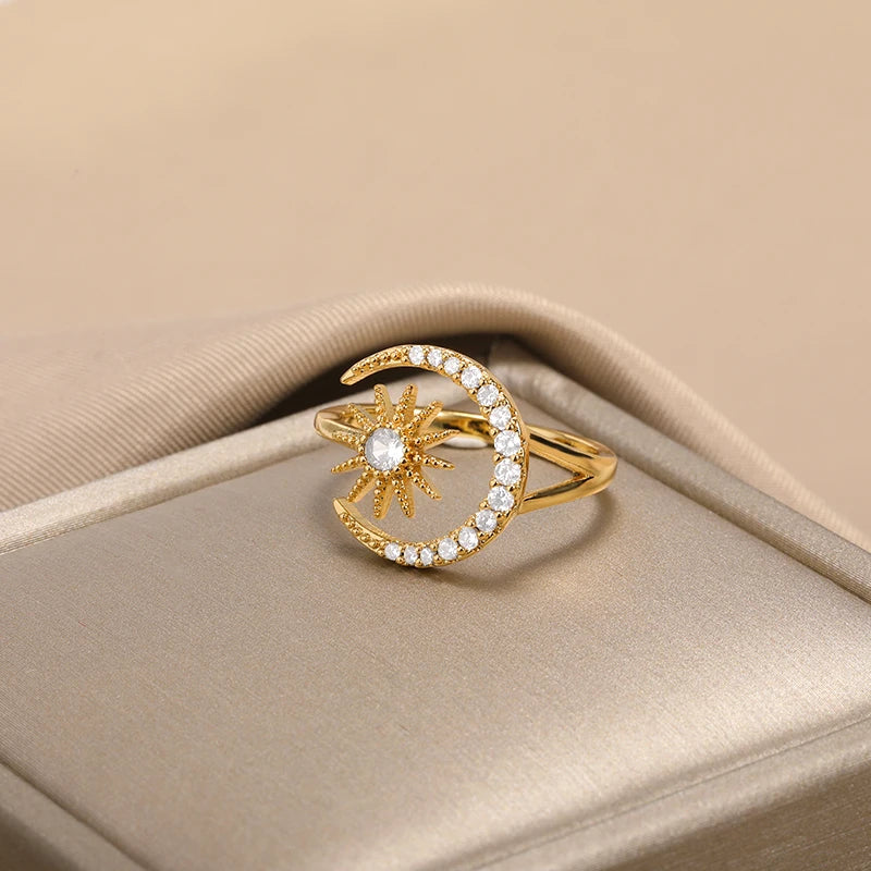 Zirkon Stern Mond Ringe für Frauen Goldfarben Edelstahl Geometrischer Stern Mond Ring Verlobung Hochzeit Weihnachtsgeschenk Schmuck