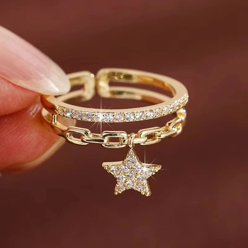 Anillo de Apertura de Doble Capa Exquisito para Mujer con Circonita Sintética Ajustable y Colgante de Estrella
