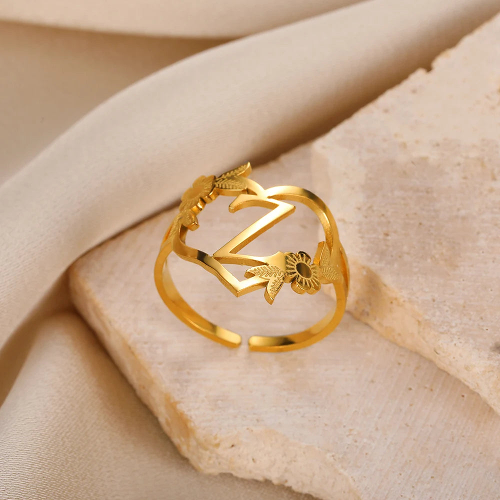 Edelstahl Initialen Buchstaben Herzringe für Frauen Mädchen Goldfarben Blumen Alphabet Ring Mode Valentinstags Schmuck Geschenk