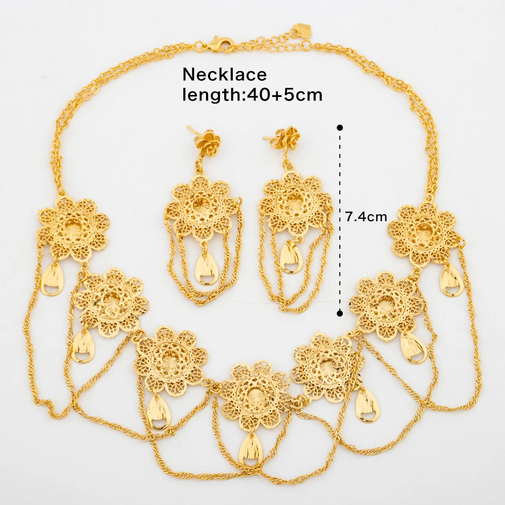 Afrikanischer 18K Goldfarbener Schmuckset für Damen Blumenmuster Halskette und Ohrringe 2-teiliges Set für Hochzeiten Party Schmuck Dubai Geschenk