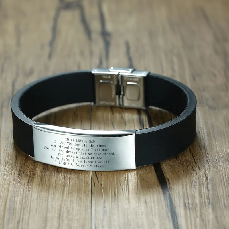 Vnox 16mm Vatertagsgeschenk Armband, schwarzes Kautschuk-Silikon-Armband mit personalisiertem „TO MY DAD“ Edelstahl-Bar, lässiges Armband für Herren