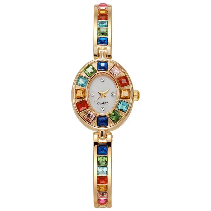 Dropshipping Damen-Quarzuhren Neue Mode-Regenbogen-Strass-Armband Ovale Zifferblatt-Armbanduhr Großhandel Armbanduhren Reloj