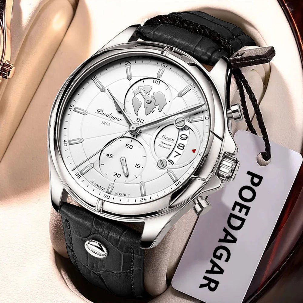 POEDAGAR Lujo Hombre Reloj de Pulsera Cronógrafo Fecha Impermeable Cuero Reloj Hombre Casual Cuarzo Relojes de Hombre Deportes Reloj Masculino
