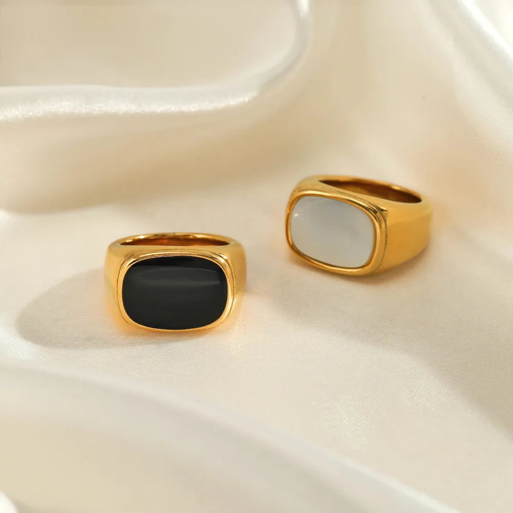 SUNIBI Anillo Cuadrado Vintage de Concha para Mujer, de Acero Inoxidable Color Oro Blanco, Anillo Grueso Grande, Accesorios de Joyería para Fiesta, Regalo de Cena