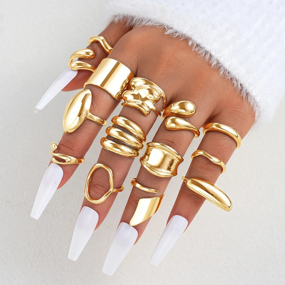 Neue 10-teilige/Set unregelmäßige glatte Ringe für Frauen, geometrisch übertrieben, goldfarbene Fingerringe, Vintage-Mode-Partyschmuck