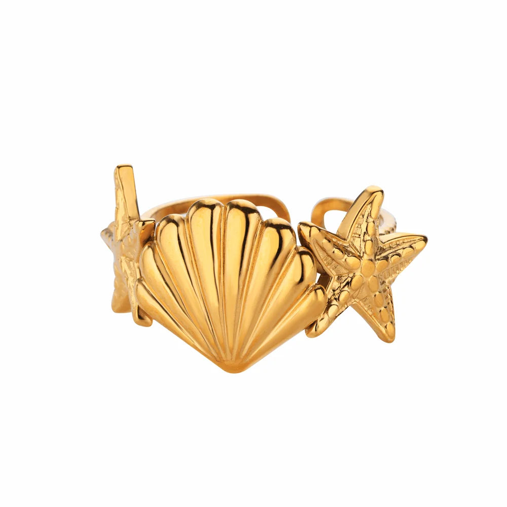 316L Edelstahl Seestern Muschel Ringe für Frauen Gold Farbe Offener Fingerring Femme Trendiger Sommerurlaub Ozean Schmuck Geschenk