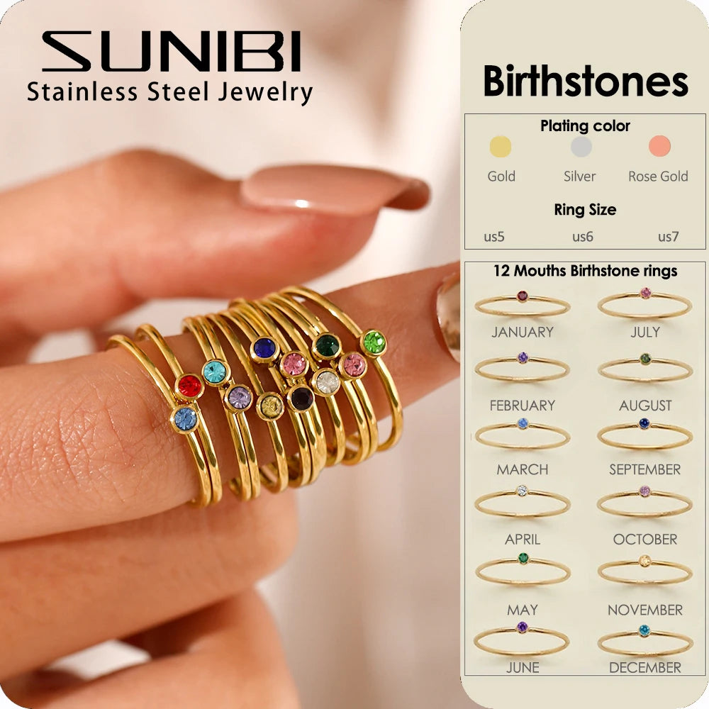 Anillo de piedra natal de acero inoxidable SUNIBI para mujer, color dorado, estilo simple, joyería de moda para fiestas, dropshipping