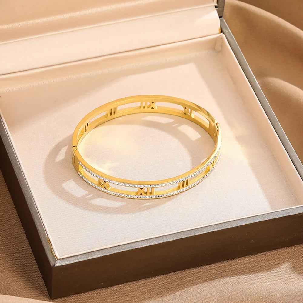 Luxus Kristall Hohl Römische Ziffer Armbänder für Frauen Männer Edelstahl Unisex Armreif Mode Klassischer Schmuck Accessoires