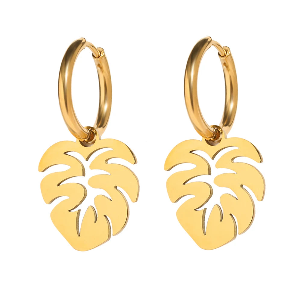 Edelstahl Ohrringe Bohemian Tropische Pflanzen Blätter Anhänger Retro Glänzende Ästhetische Creolen Für Frauen Schmuck Mädchen Neu
