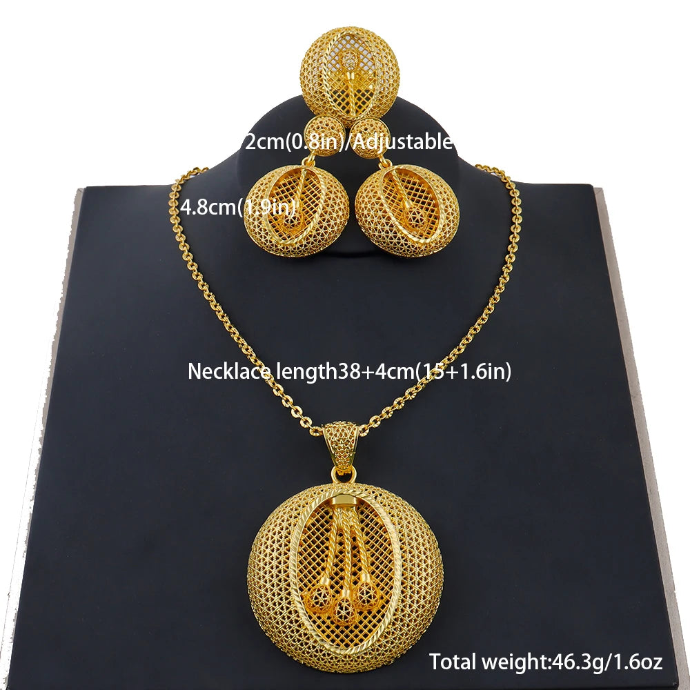 24 Karat goldfarbenes Party-Halskette-Ohrringe-Ringe-Set, luxuriöse Goldschmuck-Sets für Damen, Hochzeitsfeier-Accessoires