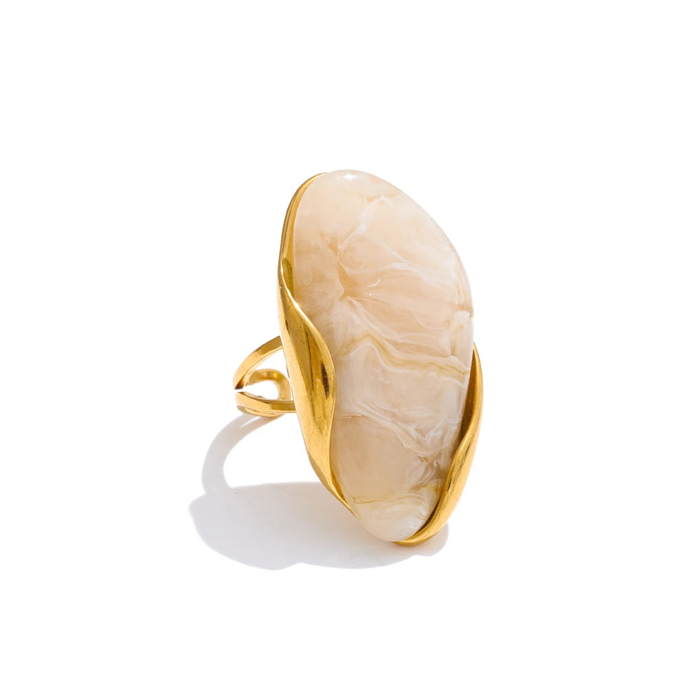 Yhpup Neues Design Braun Grün Beige Harz Geometrischer Verstellbarer Ring Gold PVD Edelstahl Rostfrei Fingerschmuck Geschenk