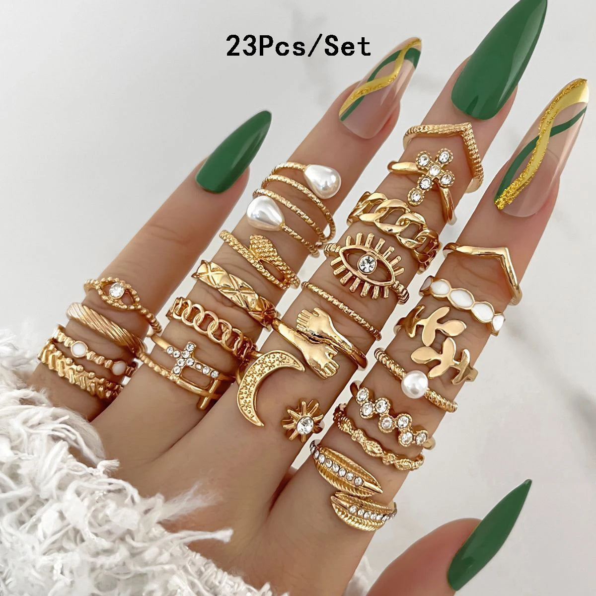 23-teiliges Mode-Knöchelring-Set für Damen, Kristall, Stern, Mond, Auge, Welle, Gold, Silber, Farbe, Ringe, weiblicher, trendiger Party-Schmuck, Geschenk