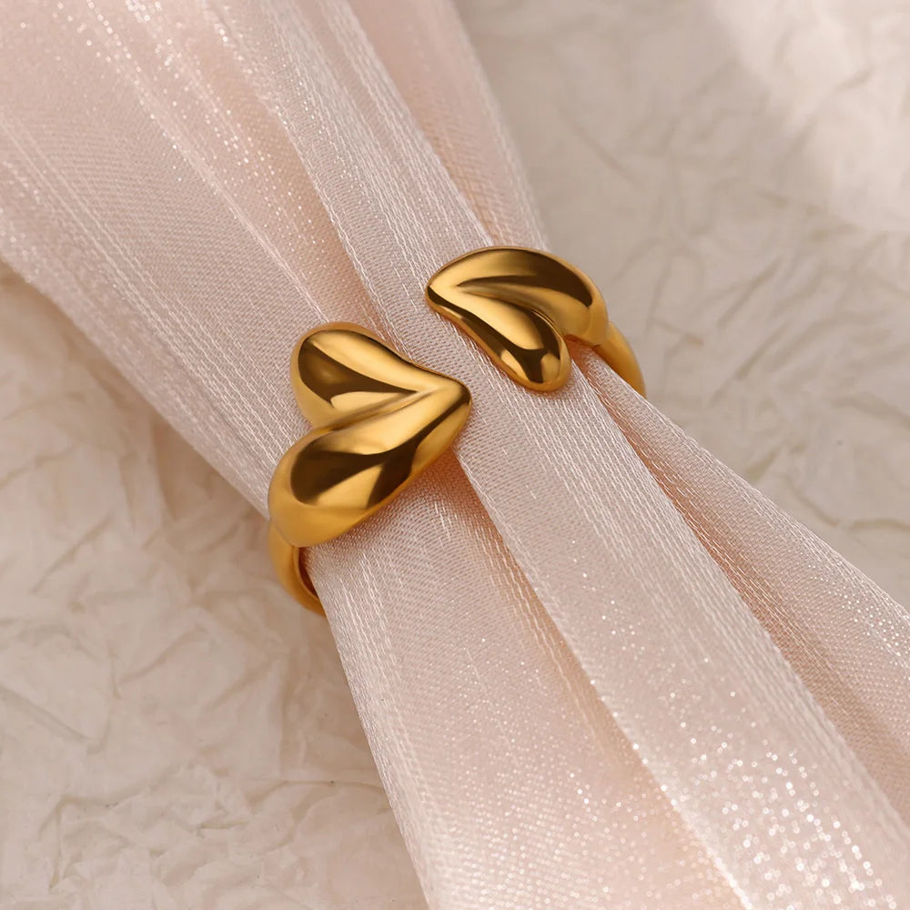 Anillos de doble corazón para mujer, color dorado, acero inoxidable, anillo abierto ajustable, joyería estética de moda para fiesta o boda, regalo