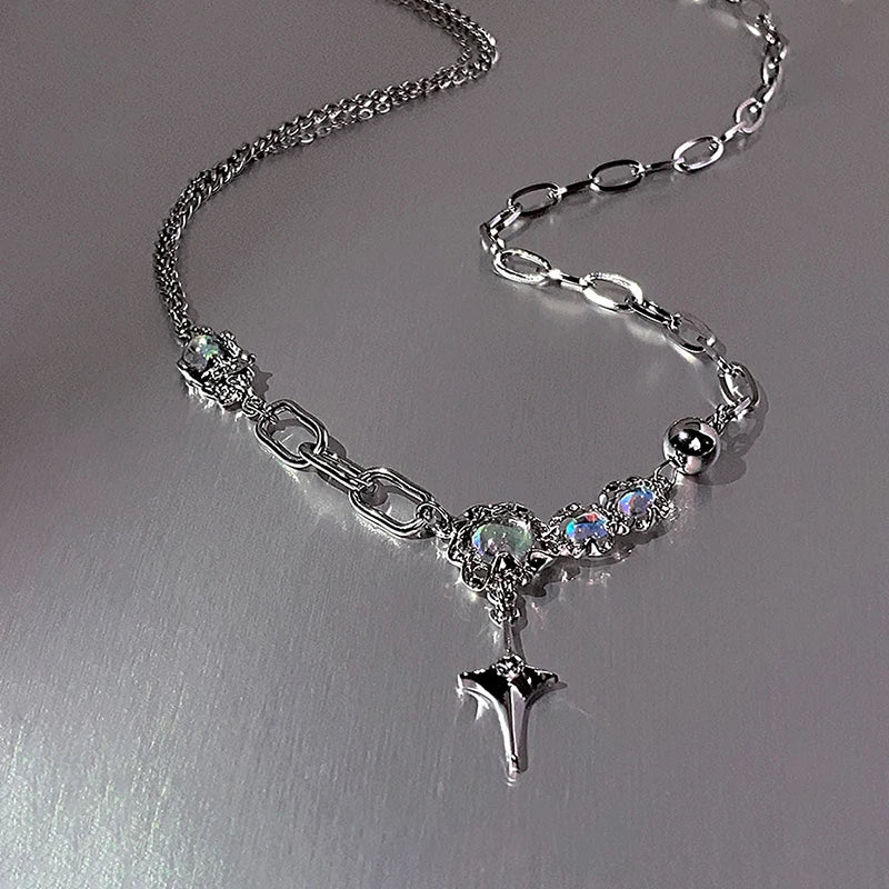JWER Trendy Bling Moonstone Star Cross Pendant Necklace for Women Punk Hip Hop Star Chain CrystalNecklace Party Y2K Jewelry Gift