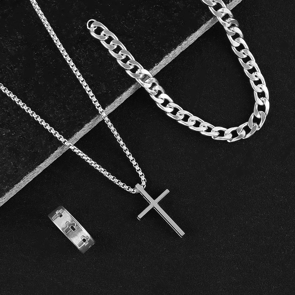 3tlg. Set Herren Edelstahl Metall Kreuz Anhänger Halskette Armband Ring Schmuckset Herren Hip Hop Alltagsaccessoires