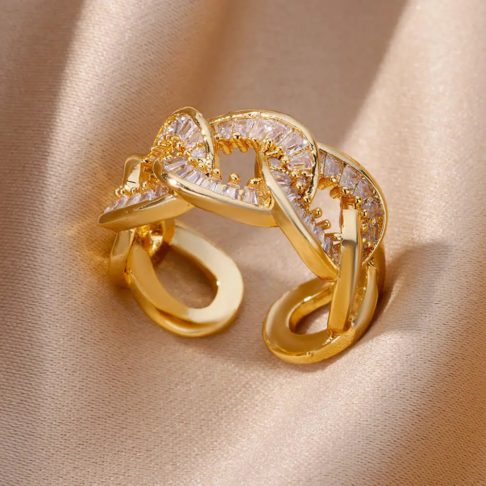 Anillos de acero inoxidable de color dorado a la moda para mujer, cadena hueca de cristal de circón, joyería para dedo, regalo 2023, anillos mujer