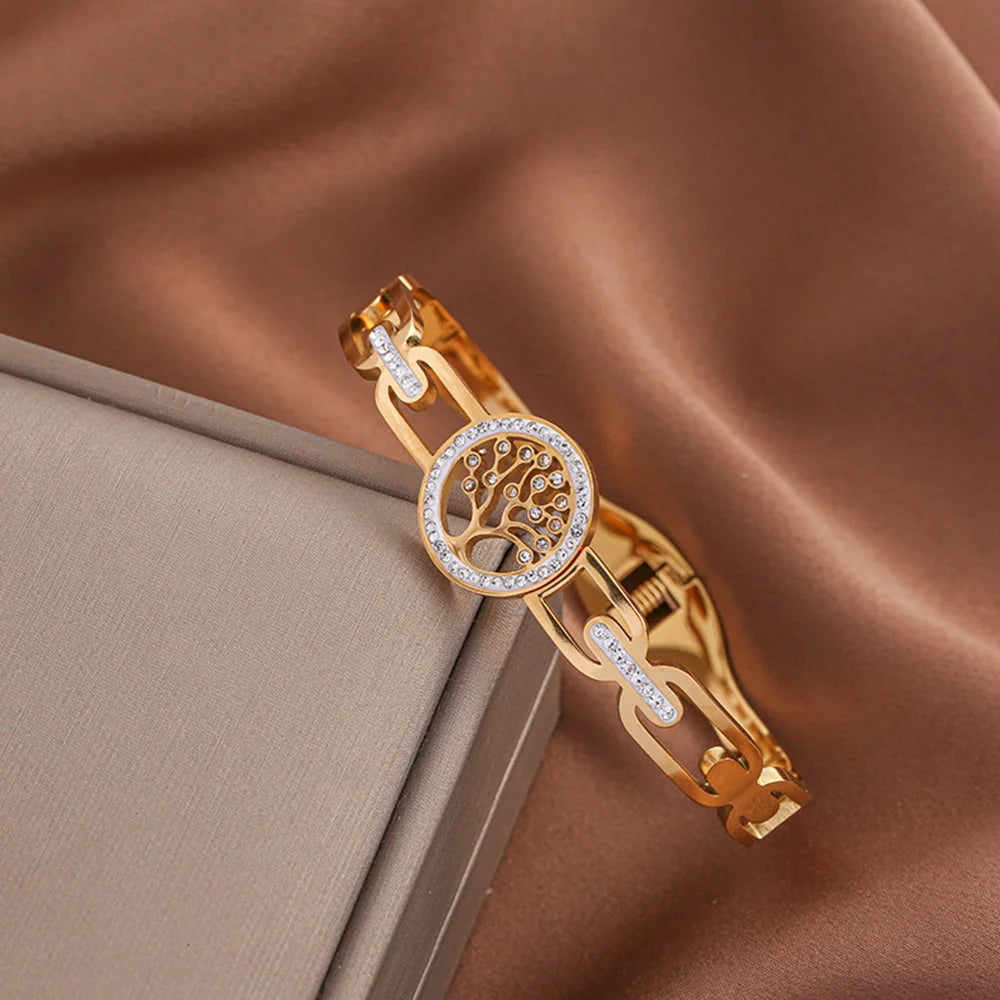 Luxus-Edelstahl-Lebensbaum-Armreif für Frauen und Männer, Kristall-Zirkon-Armband, Silber-Gold-Farbe, Handgelenkschmuck-Accessoires