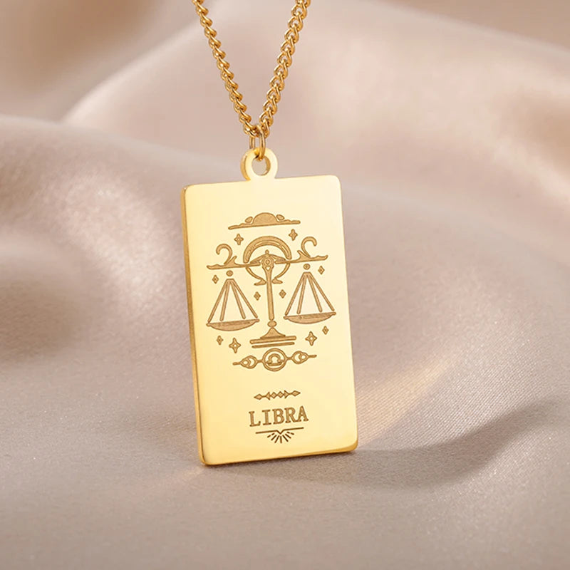 Stainless Steel Zodiac Sign Necklace For Women Vintage Constellation Libra Pendant Chain Collar Aesthetic 2024 New Trend Jewelry