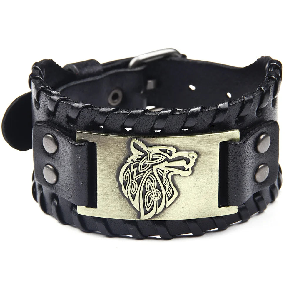Herren Stilvolles Wikinger-Armband Leder Kühnes Wolfsmotiv Metallverzierung Armreif Punk Rock Partys Schmuck Einzigartiges Geschenk