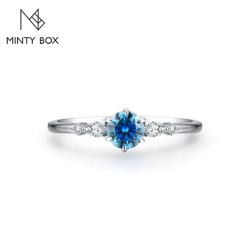 MINTYBOX Nuevo anillo de moissanita azul colorido talla redonda D de 0,5 ct para mujer, oro macizo de 10K 14K 18K, joyería de Halloween, fiesta
