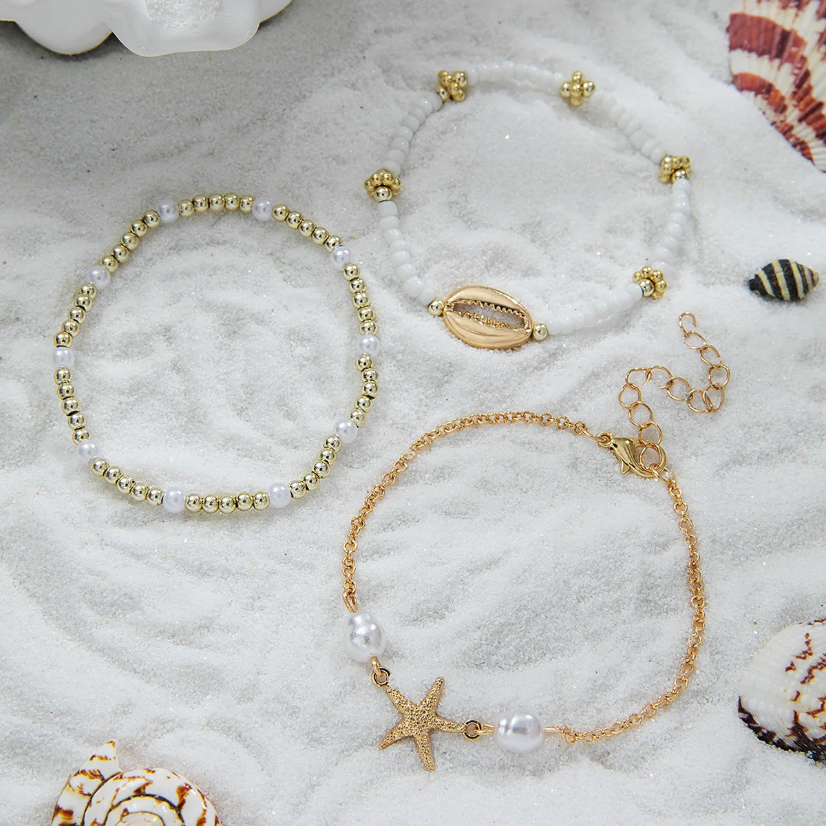 3 Stück Sommer Muschel Armband Set für Frauen Böhmen Seestern Charm Perle Samenperlen Kette Armreif Weiblich Strandurlaub Schmuck Geschenk