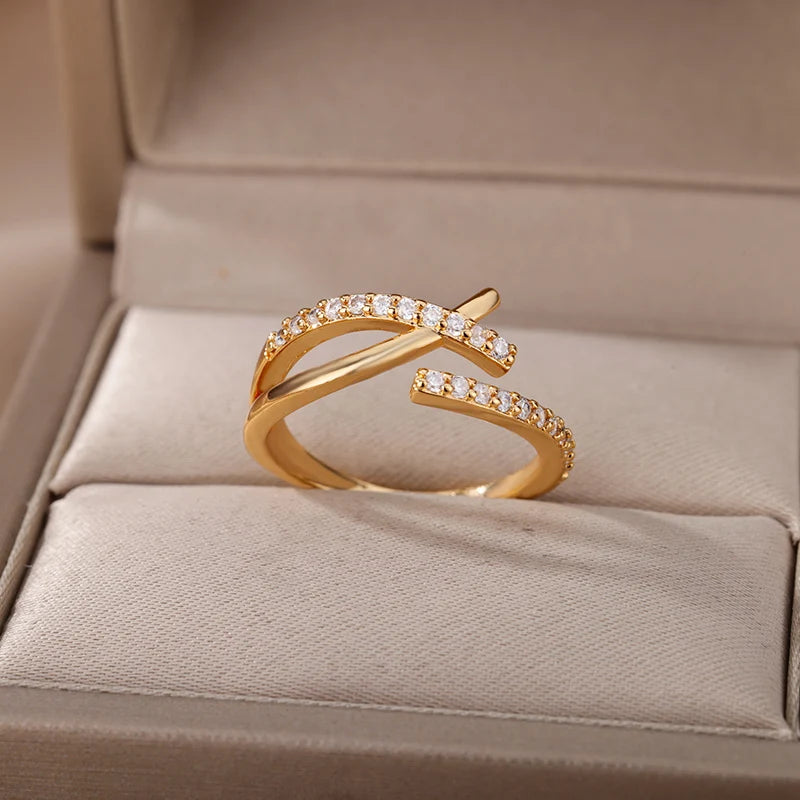 Zirkon-Ketten-Kreuzringe für Damen Vintage Goldfarbe Edelstahl Geometrischer offener Ring Mode Hochzeit Ästhetischer Schmuck Geschenk