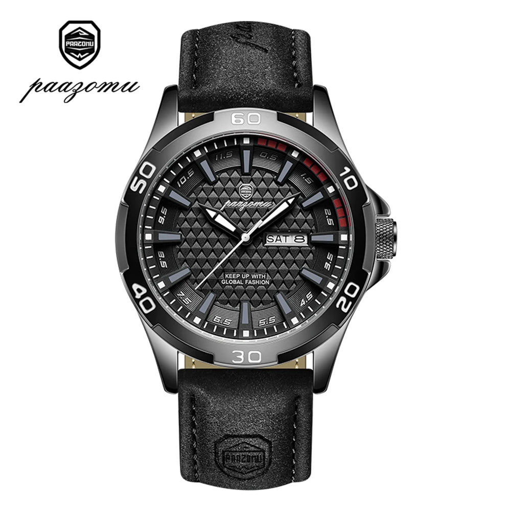 PAAZOMU Reloj de pulsera original para hombre, de lujo, resistente al agua, luminoso, con fecha y semana, de cuarzo deportivo, de cuero, para hombres Reloj