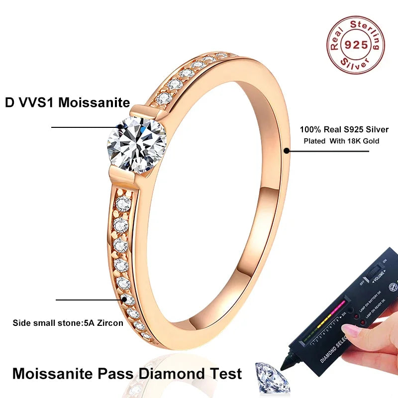 NeeTim Anillo de banda de eternidad de moissanita de 0,3 ct color D Plata de ley 925 con baño de oro rosa Anillos de boda para mujer Joyería
