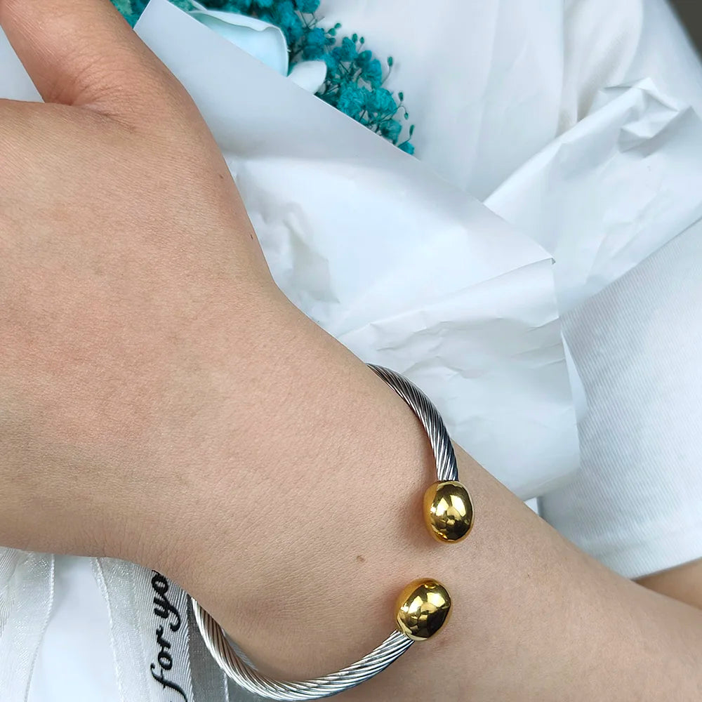 Luxus Edelstahl Geflochten Offen Männer Frauen Charm Manschettenarmband Gold Silberfarbene Kugel Schmuck Accessoires Armbänder Armreifen