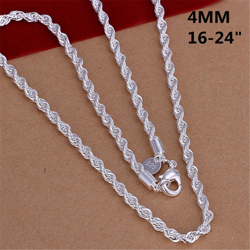 16-24 pulgadas para mujeres y hombres Hermoso collar de cadena de cuerda de 4 mm de plata esterlina 925 de moda Ajuste para colgante Joyería de alta calidad