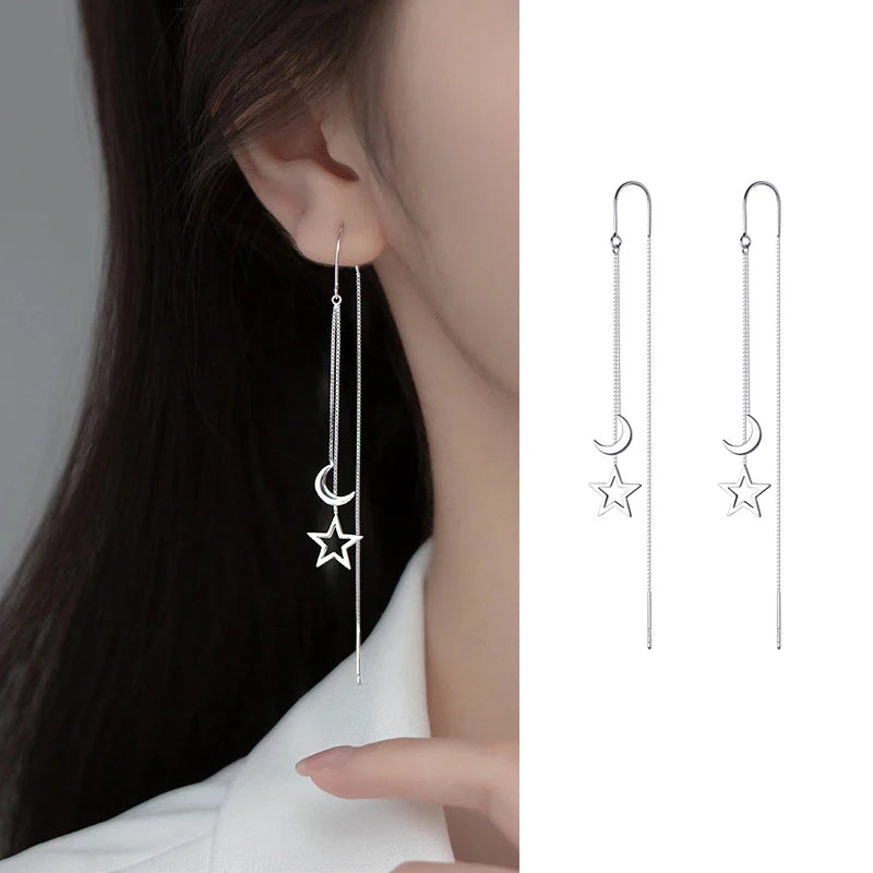 JWER S925 Silver Needle Star Line Earring for Women Tassel Drop Earring Long Chain Beads Piercing Earring Asymmetry Ear Jewelry
