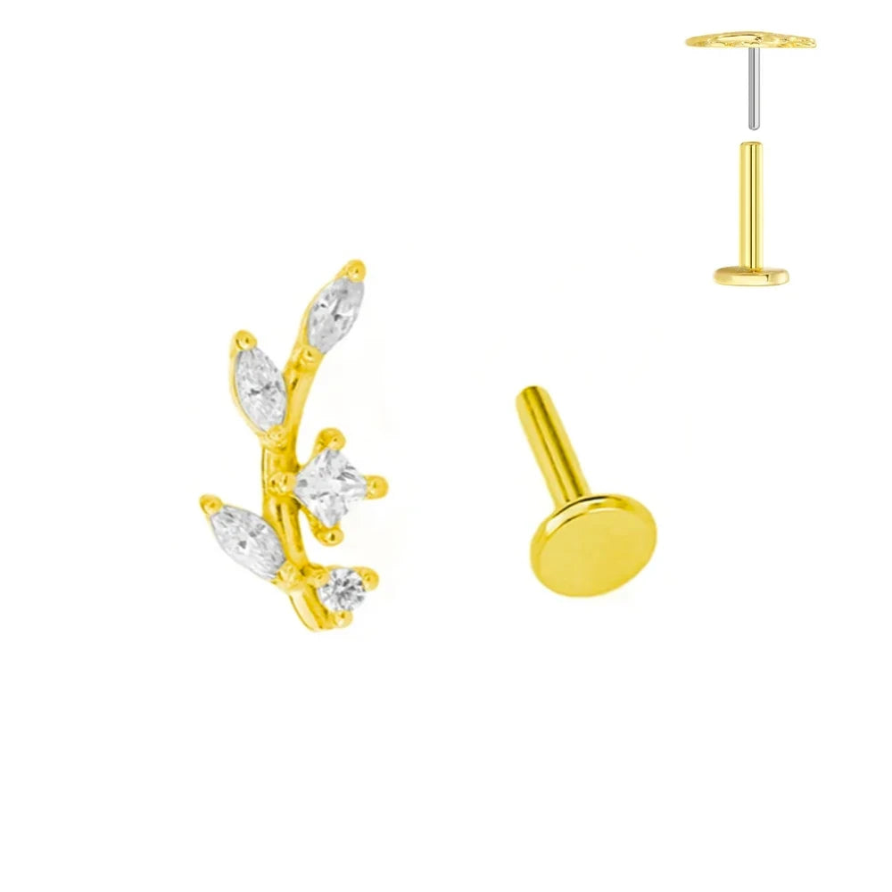 ASTM F136 G23 Titan Blattzweig Push-In Threadless Labret Piercing 16/18/20G Ohrstecker Knorpel Großhandel Körperschmuck