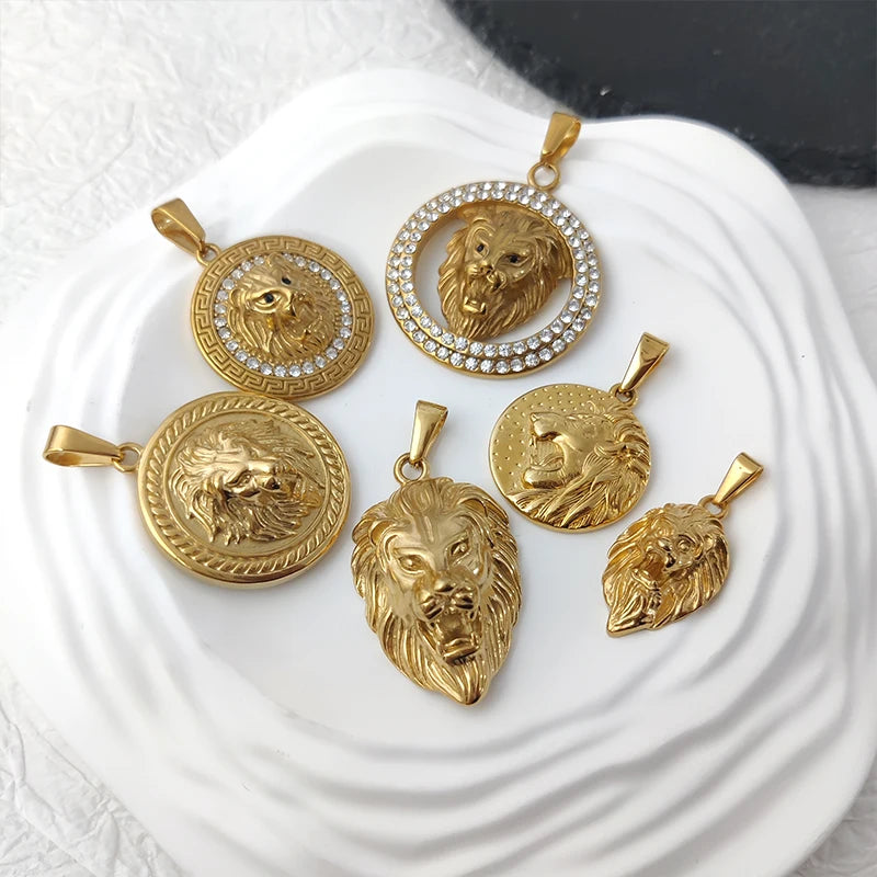 Colgante de cabeza de león con incrustaciones de cristal, estilo hip hop, para hombre, moda creativa, acero inoxidable, color dorado, para fiesta o club, joyería
