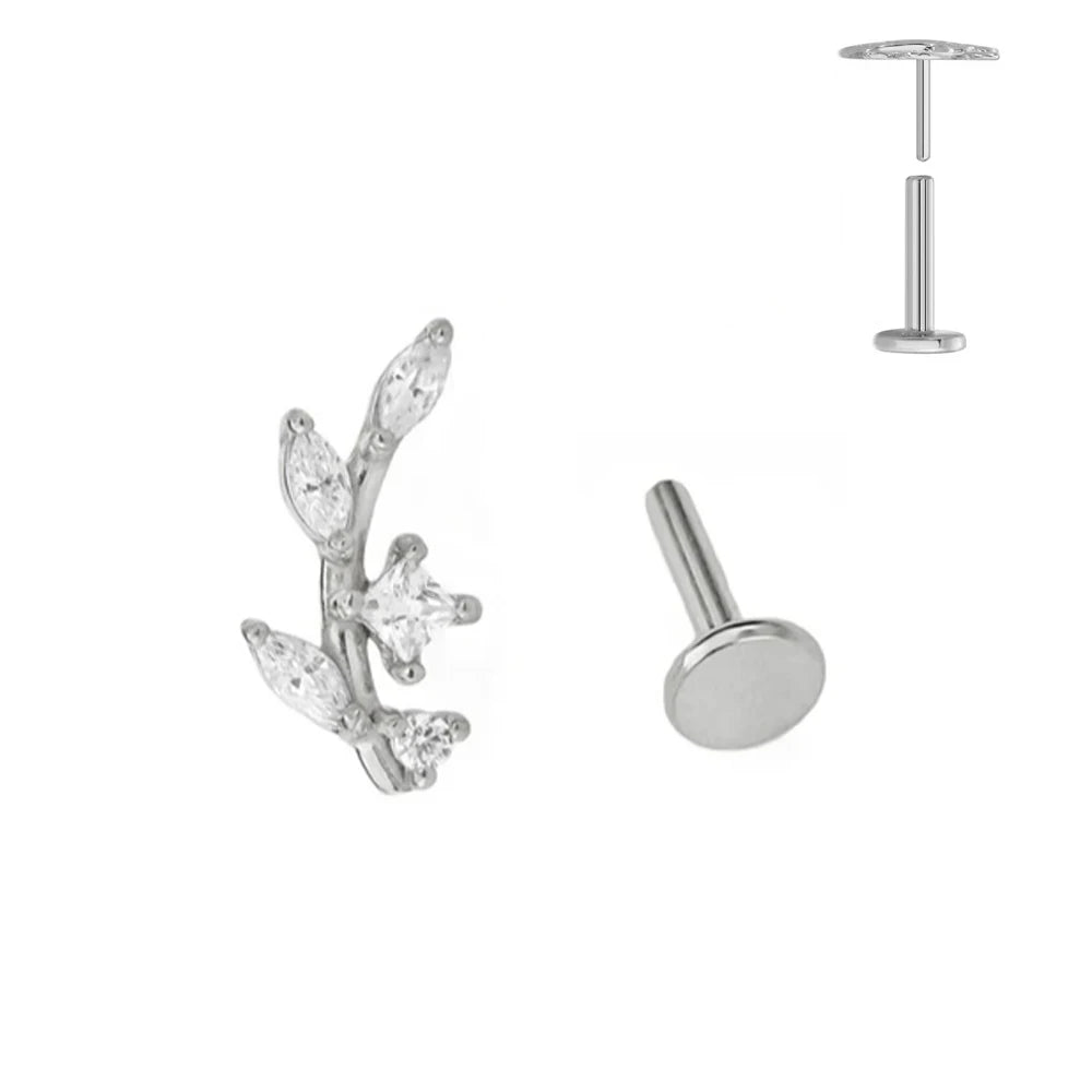 ASTM F136 G23 Titan Blattzweig Push-In Threadless Labret Piercing 16/18/20G Ohrstecker Knorpel Großhandel Körperschmuck