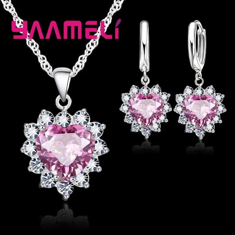 Trendiges 925 Sterling Silber Schmuckset für Damen mit Herz-Zirkonia-Anhänger, Halsketten und Ohrringen – LIEBE Jubiläumsgeschenk