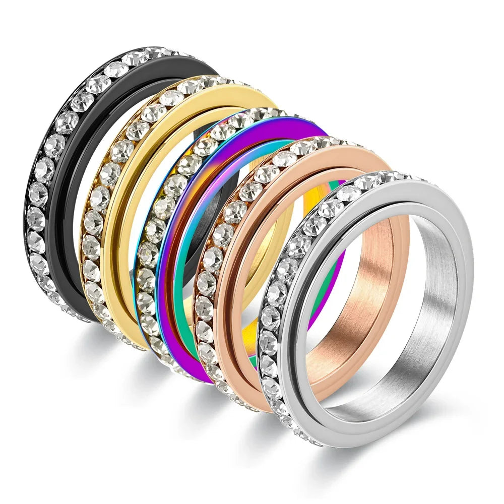 4MM Edelstahl Spinner Fingerringe für Frauen Kristall Drehbare Eheringe Männer Mode Jahrestag Party Schmuck