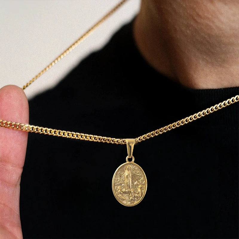 Collar con Colgante de Hip Hop Jesús y la Virgen María - Joyería de Acero Inoxidable con Chapado en Oro de 18K PVD para Regalo de Hombre