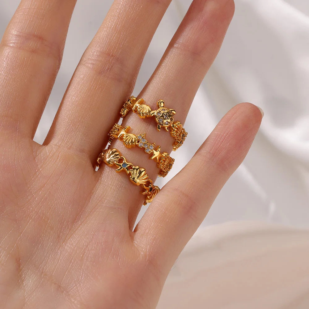 Grüne Zirkon Seepferdchen Ringe für Frauen Ozean Muschel Seestern Schildkröte Edelstahl Goldfarben Fingerring Sommer Strand Schmuck