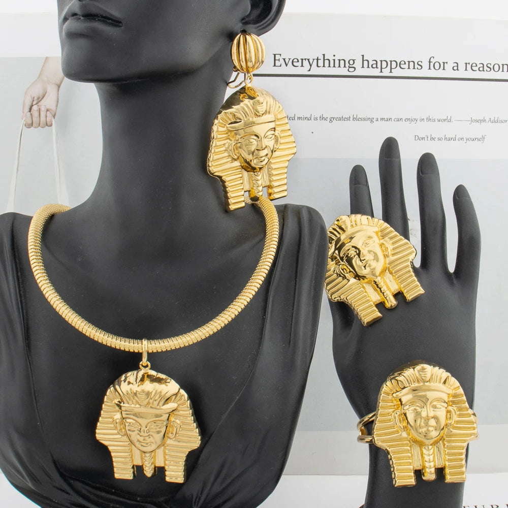 Goldfarbenes großes Schmuckset für Damen Menschliches Design Ohrringe Halskette Dubai Afrikanisches Armband Ring Hochzeitsbrautgeschenk