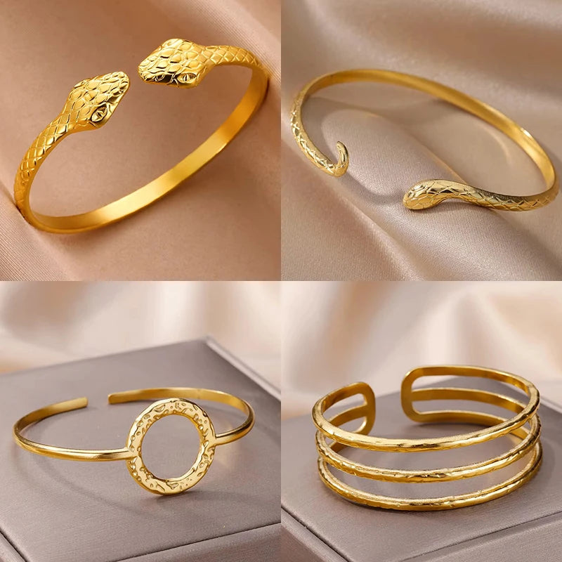 Edelstahl-Schlangen-Armreif für Damen, Vintage Goldfarben, Ästhetisches Charm-Armband, Alltagsschmuck, Geschenk für Frauen