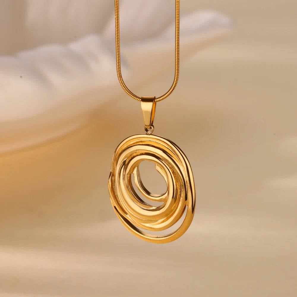 Hollow Geometric Oval Necklaces For Women Stainless Steel Gold Color Oval Pendant Necklace Party Christmas Jewelry Gift Femme