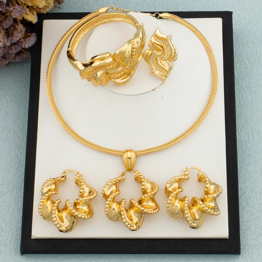 Afrikanischer Schmuckset 18K vergoldet Damen Groß Auffälliges Design Ohrringe Anhänger Hochzeit Braut Modeschmuck Halskette Armband Ring Geschenk