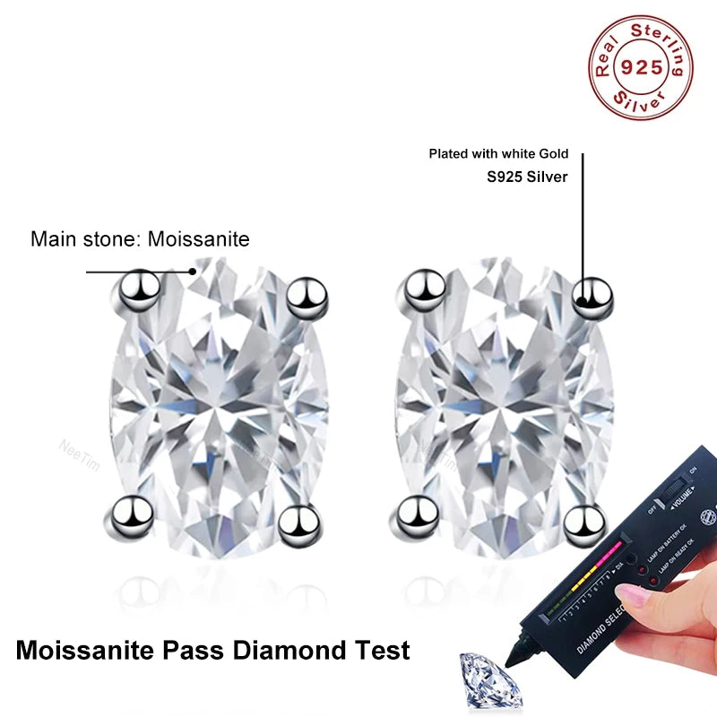 NeeTim 2 Karat Oval D Farbe Moissanit Ohrstecker für Damen 925 Sterling Silber Funkelnde Diamant Ohrringe Hochzeitsschmuck