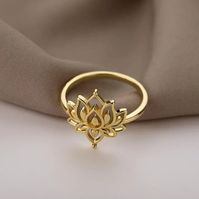 Lotusblume Ringe für Damen Edelstahl Goldfarbe Hohlring Mode Hochzeit Party Ästhetischer Schmuck Geschenk anillos