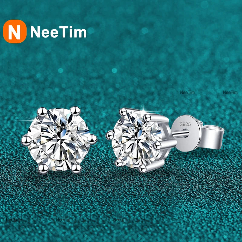 Pendientes de moissanita NeeTim de 0,1 a 3 quilates, color D, diamante de laboratorio, plata de ley 925 con chapado en oro, joyas para bodas y fiestas