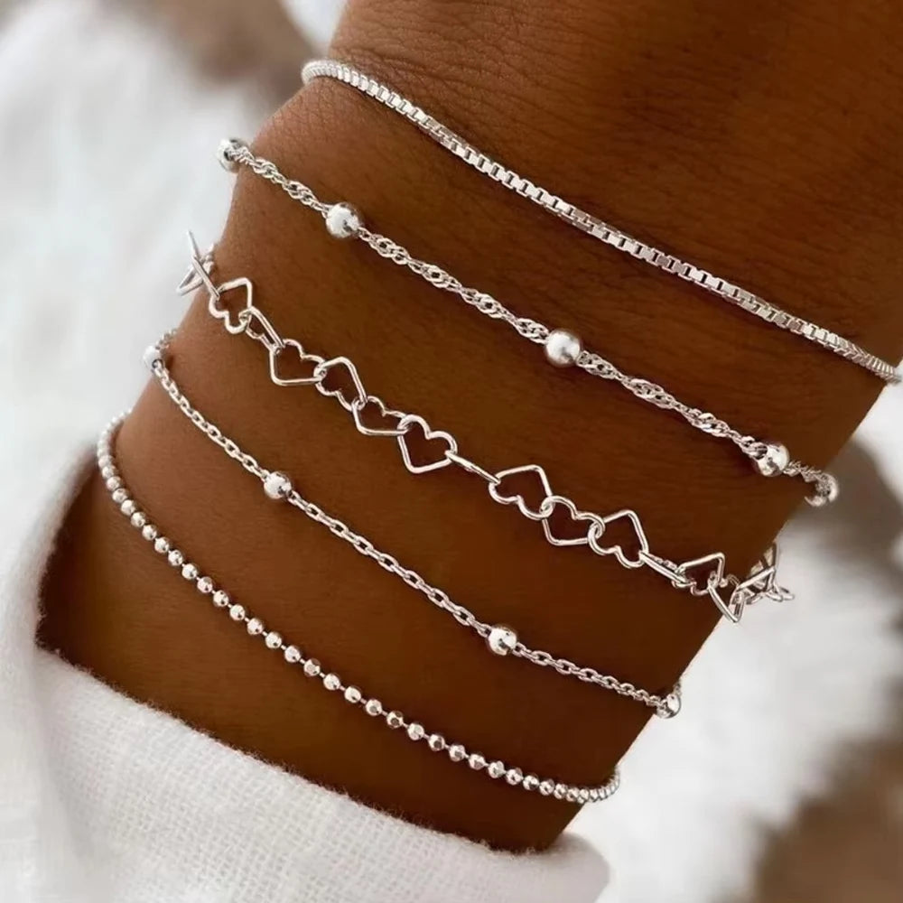 5-teiliges Set, silberfarbene Kettenperlenarmbänder für Damen, schlichter, eleganter Urlaub, Strandparty, Freizeit-Schmuck, vielseitig für den Alltag