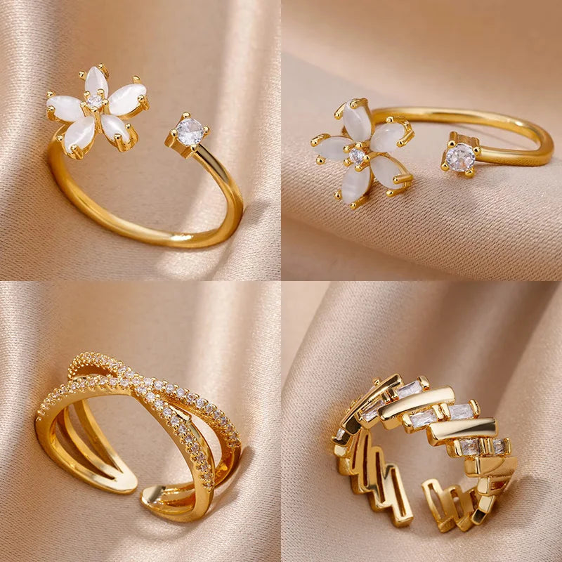 Opal-Blumenringe für Frauen, Zirkonia, offen, Edelstahl, Blumenring, Hochzeit, florale Ästhetik, Schmuck, Anillos Mujer