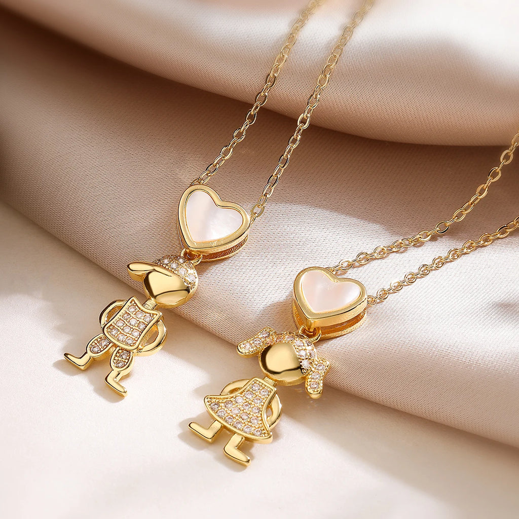 NEWBUY Delicae Gold Color Heart Boy & Girl Pendant Necklaces For Women Shiny CZ Inlay Jewelry Mother's Day Gift