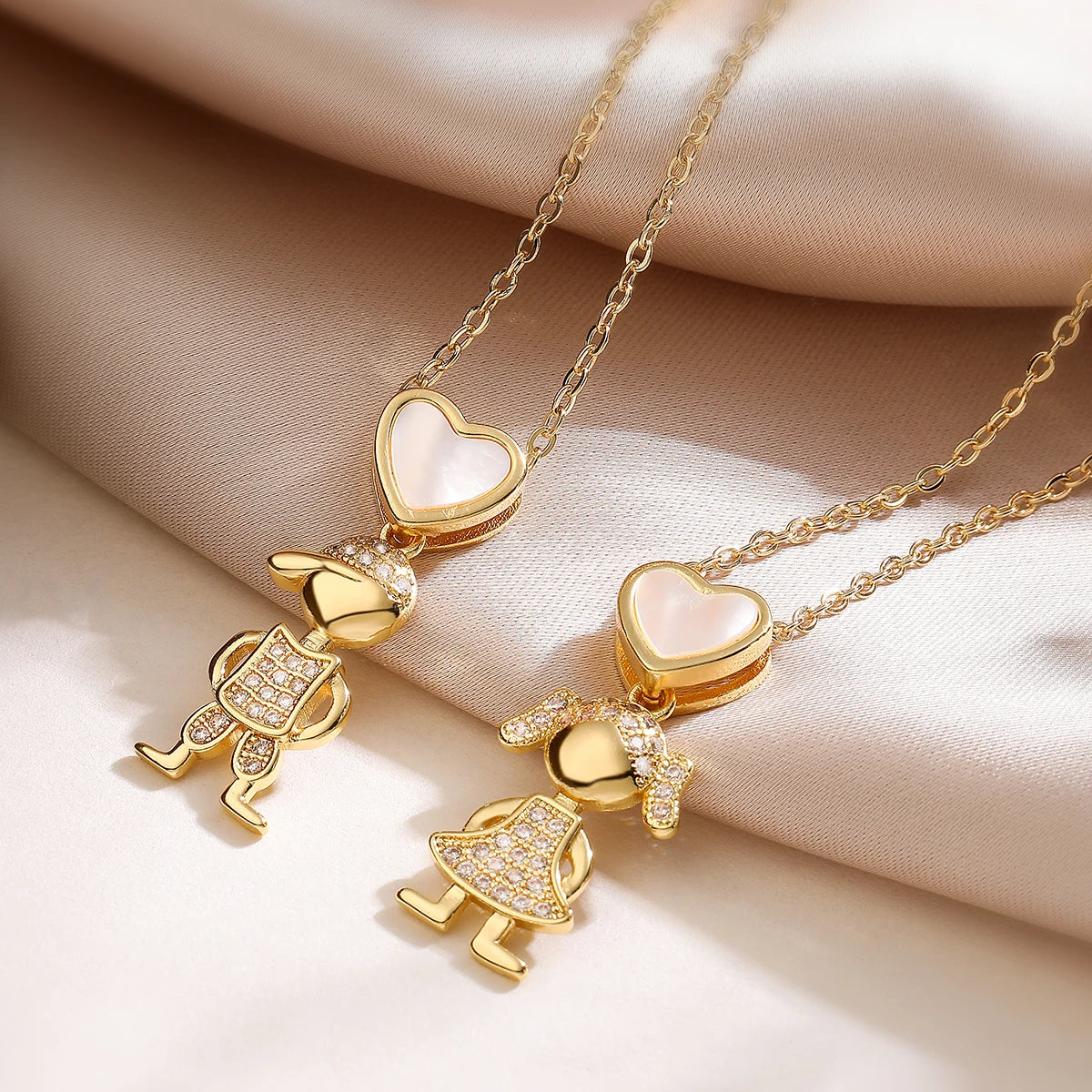 NEWBUY Delicae Gold Color Heart Boy & Girl Pendant Necklaces For Women Shiny CZ Inlay Jewelry Mother's Day Gift