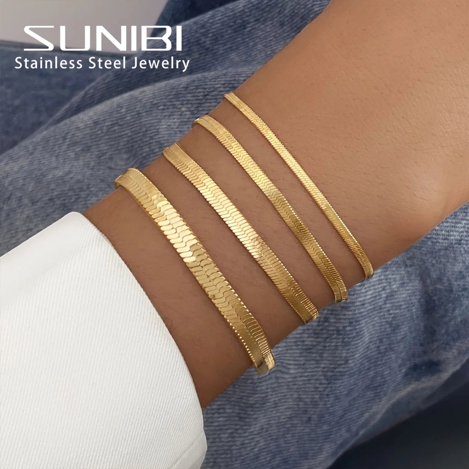 SUNIBI Damen Trend Klassisches Schlangenkette Armband Goldfarbe Breite 2/3/4/5MM Edelstahl Armband Für Frauen Schmuck Geschenk